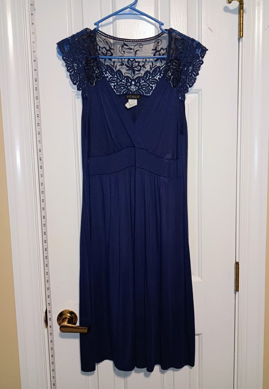 Venus - Blue Lace Sleeve Empire Waist Soft Flowy Dress - Sz M - Good